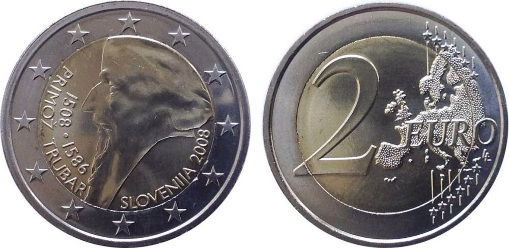 2 евро 2008 год. Словения. 500 лет со дня рождения Приможа.